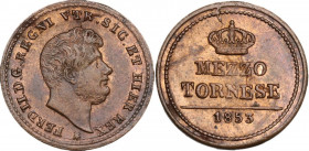 Napoli. Ferdinando II di Borbone (1830-1859). Mezzo tornese 1853. P/R 316; MIR (Napoli) 536/5. CU. 1.61 g. 17.00 mm. Rame rosso. qFDC.