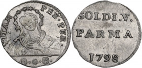 Parma. Ferdinando I di Borbone (1765-1802). Cinquina o parpagliola 1798. CNI 163; MIR (Emilia) 1087/7. MI. 0.99 g. 16.00 mm. Bei fondi lucenti. SPL+.