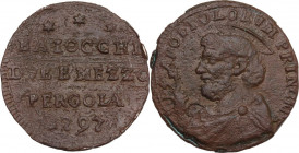 Pergola. Pio VI (1775-1799), Giovanni Angelo Braschi. Sampietrino da 2 e mezzo baiocchi 1797 ridotto. Ser. 971; M. 383a; Berm. 3125. CU. 7.64 g. 28.00...