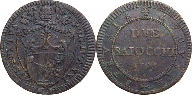 Perugia. Pio VI (1775-1799), Giovanni Angelo Braschi. 2 baiocchi 1795. CNI 1; M....