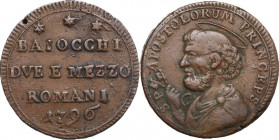 Roma. Pio VI (1775-1799), Giovanni Angelo Braschi. Sampietrino da 2 e mezzo baiocchi 1796. CNI 307; M. 99; Berm. 2990. AE. 16.42 g. 29.00 mm. BB.