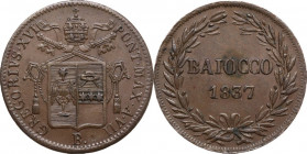 Roma. Gregorio XVI (1831-1846), Bartolomeo Alberto Cappellari. Baiocco 1837 A. VII. CNI 53; Pag. 264. CU. 9.94 g. 30.00 mm. Bei fondi. qSPL.