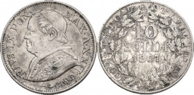 Roma. Pio IX (1846-1878), Giovanni Mastai Ferretti. 10 Soldi A. XXII, 1867. Pag. 579; Mont. 388. AG. 22.50 g. 30.00 mm. Patina riposata. SPL.