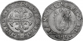 Venezia. Francesco Erizzo (1631-1646). Quarto di Scudo della croce, sigle BB (Bernardo Balbi massaro). CNI 87; Paol. 11. AG. 7.91 g. 31.00 mm. Bella p...