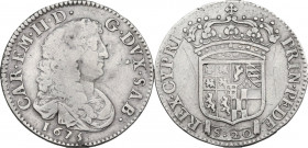 Carlo Emanuele II Duca (1648-1675). Lira nuova 1675. Sim. 32; Biaggi 690; MIR (Savoia) 816. AG. 6.01 g. 27.00 mm. Segni al rovescio. qBB.