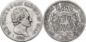 Carlo Felice (1821-1831). 5 lire 1826 Torino. Pag. 71; MIR (Savoia) 1035i. AG. 37.00 mm. MB+/qBB.