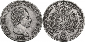 Carlo Felice (1821-1831). 5 lire 1827 Genova. Pag. 72; MIR (Savoia) 1035j. AG. 37.00 mm. Colpetti al ciglio. BB.
