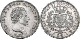 Carlo Felice (1821-1831). 5 lire 1827 Genova. Pag. 72; MIR (Savoia) 1035j. AG. 37.00 mm. Patina riposata. qSPL.