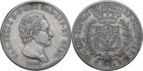 Carlo Felice (1821-1831). 5 lire 1829 Genova. Pag. 76; MIR (Savoia) 1035h. AG. 37.00 mm. Perizia Luca Luciani (BB+). BB.