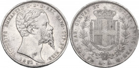Vittorio Emanuele II, Re di Sardegna (1849-1861). 5 lire 1851 Genova. Pag. 372; MIR (Savoia) 1057c. AG. 37.00 mm. Segnetti. Bei fondi al rovescio. BB/...