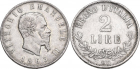 Vittorio Emanuele II, Re d'Italia (1861-1878). 2 lire 1863 N. Pag. 508; MIR (Savoia) 1084a. AG. 27.00 mm. NC. Colpetto al ciglio. Patina riposata. BB+...