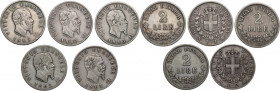 Vittorio Emanuele II (1861-1878). Lotto di cinque (5) monete: 1863 N stemma (2) e 1863 N valore (3). Pag. 506 e 508; MIR (Savoia) 1083c e 1084a. AG.