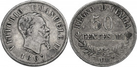 Vittorio Emanuele II (1861-1878). 50 centesimi 1867 Torino. Pag. 533; Mont. 220. AG. 18.00 mm. RRR. Segnetto al diritto. qBB/BB.