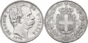 Umberto I (1878-1900). 5 lire 1878. Pag. 589; Mont. 32. AG. 37.00 mm. RR. MB+/qBB.