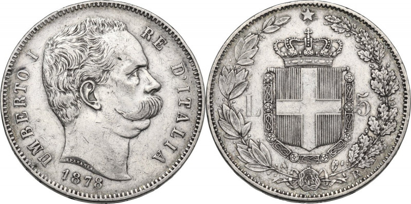 Umberto I (1878-1900). 5 lire 1878. Pag. 589; MIR (Savoia) 1878. AG. 37.00 mm. R...