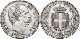 Umberto I (1878-1900). 5 lire 1878. Pag. 589; MIR (Savoia) 1878. AG. 37.00 mm. RR. Segnetti. qBB/BB.