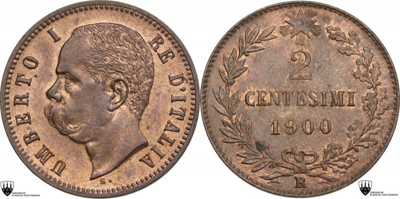 Umberto I (1878-1900). 2 centesimi 1900. Pag. 624; Mont. 72. CU. 20.00 mm. Encap...
