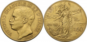 Vittorio Emanuele III (1900-1943). 50 lire 1911. Pag. 656; MIR (Savoia) 1122a. AU. 28.00 mm. Segnetti al diritto. qSPL/SPL.