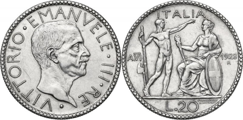 Vittorio Emanuele III (1900-1943). 20 Lire A. VI, 1928. Pag. 673; Mont. 67. AG. ...