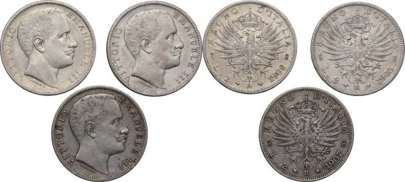 Vittorio Emanuele III (1900-1943). Lotto di tre (3) monete da 2 lire: 1902, 1905...