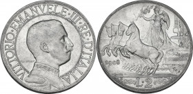 Vittorio Emanuele III (1900-1943). 2 lire 1908. Pag. 732; Mont. 147. AG. 27.00 mm. Alta conservazione. qFDC.