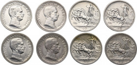 Vittorio Emanuele III (1900-1943). Serie di quattro (4) monete da 2 lire: 1914, 1915, 1916, 1917. Pag. 737/740; MIR (Savoia) 1142. AG.