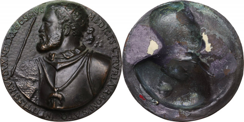 Cosimo I de' Medici (1537-1574). Grande placca fusa 1570. D/ COSMVS MEDICES LTRV...