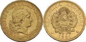 Argentina. 5 pesos (argentino) 1886. KM 31; Fried. 14. AV. 22.00 mm. XF.