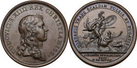 France. Louis XIV (1643-1715). Medal 1643 for the Capture of Condé and Maubeuge. Divo 29. AE. 35.15 g. 41.50 mm. Opus: I. Mauger. Good EF.