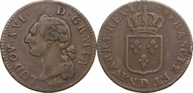 France. Louis XVI (1774-1792). Sol ou sou 1786 D, Lyon mint. Gad. (roy.) 350. AE. 9.79 g. 29.00 mm. RR. VF.