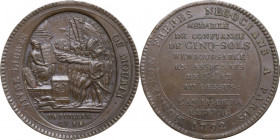 France. Louis XVI (1774-1792). 5 Sols Token, emergency coin, issued by the Monneron brothers, signed by F. Dupré , Paris, 1792. AE. 27.37 g. 39.00 mm....