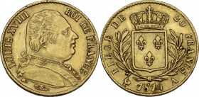 France. Louis XVIII (1814-1824). 20 francs 1814 A, Paris mint. Gad. 1026; Fried. 525. AU. 21.00 mm. XF.