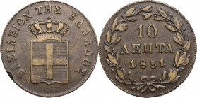 Greece. Otto I (1831-1863), Prince of Bavaria, King of Greece. 10 lepta 1851. KM 29. AE. 28.00 mm. Minor bump on edge on obverse. XF.