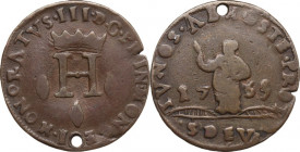 Monaco, Principality of. Honore III Grimaldi (1733-1795). Dardenna 1735. Gad. MC97. AE. 3.78 g. 25.00 mm. RR. Holed. VF.