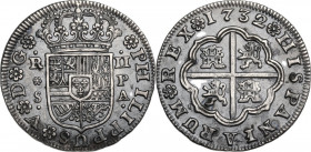 Spain. Felipe V (1724-1746), second reign. 2 reales 1732 S, assayer PA. Cal. 1432. AR. 5.61 g. 27.00 mm. AU/MS.