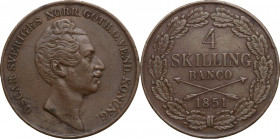 Sweden. Oscar I (1844-1859). 4 skilling 1851. KM 672. AE. 25.41 g. 37.00 mm. VF.