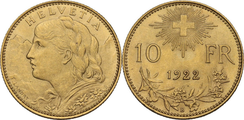 Switzerland. Confederation (1848- ). 10 Francs 1922 B, Bern mint. KM 36; Fried. ...