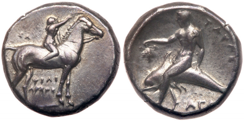 Calabria, Taras. Silver Nomos (7.84 g), ca. 302-290 BC. Philiarchos, Sa., and Ag...