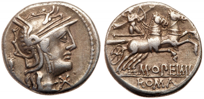 M. Opeimus Q.f. Silver Denarius (3.77 g), 131 BC. Rome. Head of Roma to right, w...