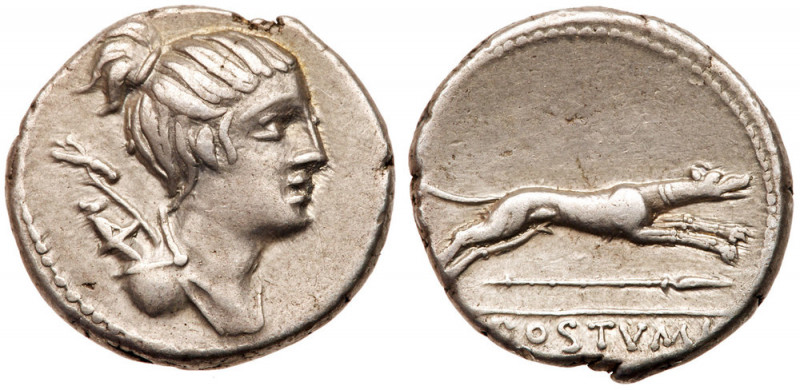 C. Postumius At? or Ta? Silver Denarius (4.00 g), 73 BC. Rome. Draped bust of Di...