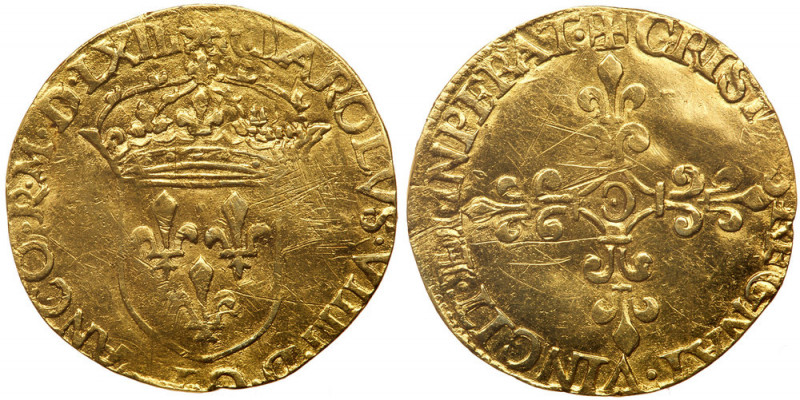 France. Ecu d'or, 1563-C (Saint-Lo). Fr-378; Dup-1057; Sb4904:NER=0. 3.42g. Char...