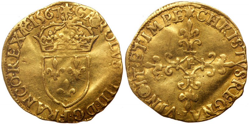 France. Ecu d'or, 1567-F (Angers). Fr-378; Dup-1057; Sb-4904;NER=2. 3.31g. Charl...