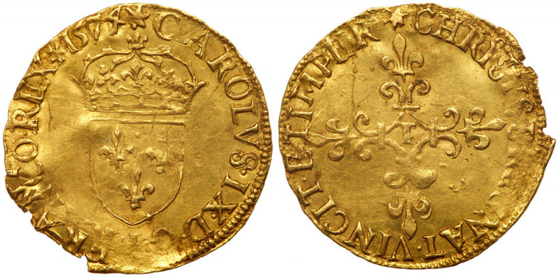 France. Ecu d'or, 1574-T (Nantes). Fr-378; Dup-1057; Sb-4904;NER=1. 3.29g. Charl...