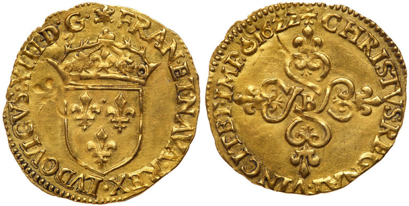 France. Ecu d'or, 1622-B (Rouen). Fr-398; Gad-55; KM-51. 3.35g. Mintage 3,000. L...