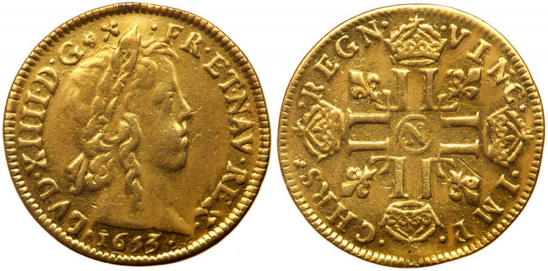 France. Louis d'or a la meche longue, 1653-N (Montpellier). Fr-418; Gad-245; KM-...