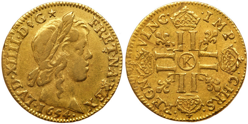 France. Louis d'or a la meche longue, 1654-K (Bordeaux). Fr-418; Gad-245; KM-157...