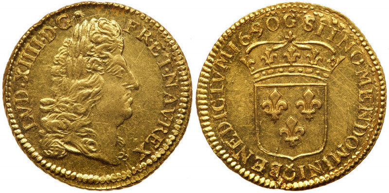 France. Louis d'or a l ecu, 1690-G (Poitiers). Fr-429; Gad-250; KM-278.5. Louis ...