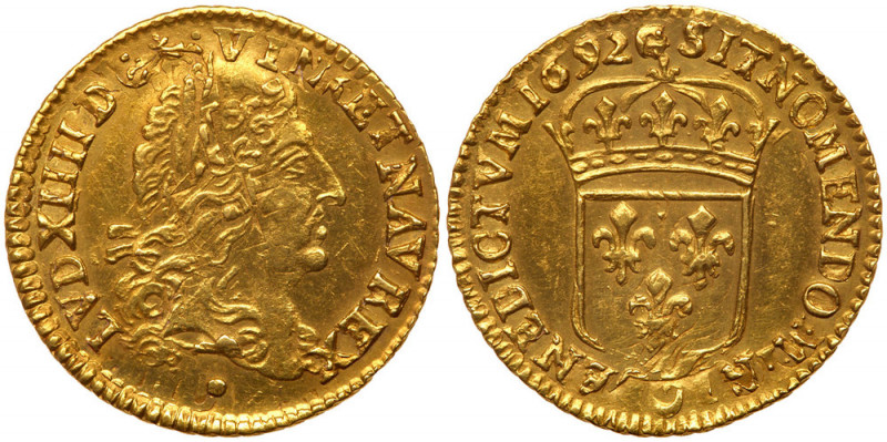 France. &frac12; Louis d'or, 1692-G (Poitiers). Fr-430; Gad-239; KM-277.5. Rarie...