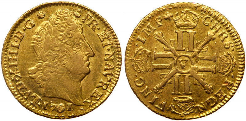 France. Louis d'or aux 8 L et aux insignes, 1701-V (Troyes). Fr-436; Gad-253; KM...