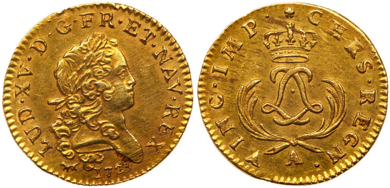 France. Louis d'or Mirliton, palmes courtes, 1723-A (Paris). Fr-459; Gad-338; KM...